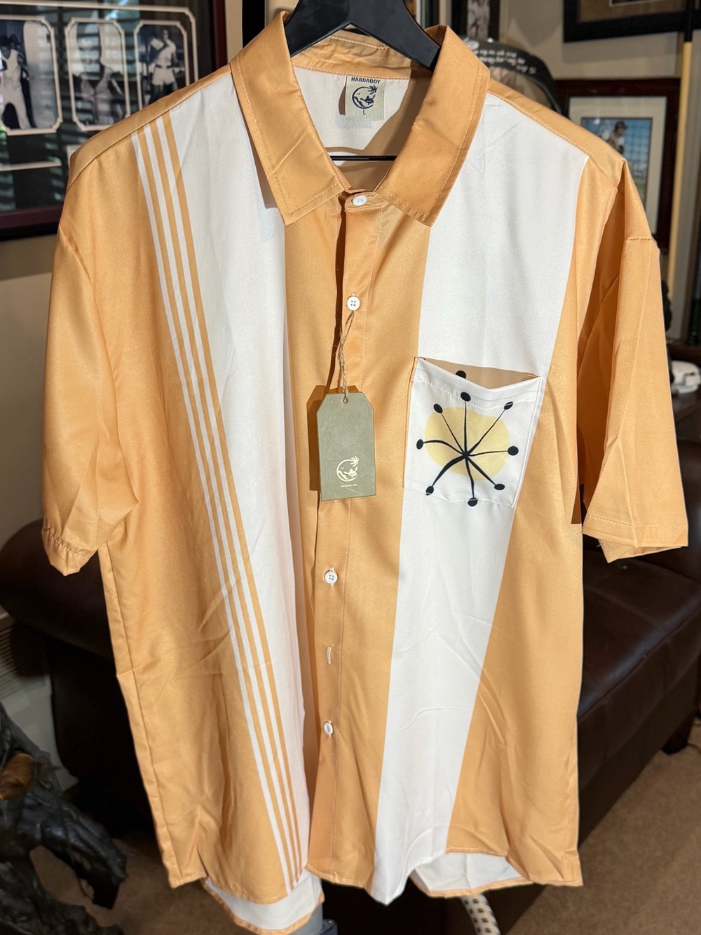 NWT HARDADDY Men's Short-Sleeve Retro / Atomic Stripe Shirt - Peach/White